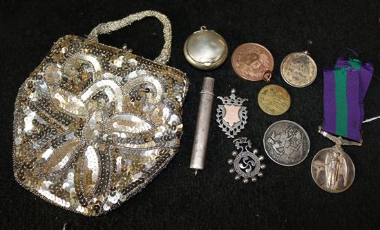 Palestine 1945-48 General Service medal, silver pencil, 1890 crown, sundry badges, beaded purse etc
